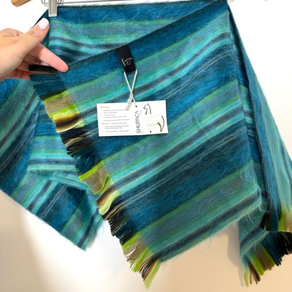 Shupaca Alpaca Scarf Blue Tini Teal Mint Green Stripe Silky Soft Wrap NWT Gift - Picture 7 of 9